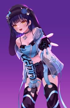 1girl absurdres animal_ears animal_hat badge belt black_belt black_choker black_gloves black_hair black_hat black_shorts black_thighhighs blue_hair blue_shirt blunt_bangs blush breasts button_badge cat_hat choker cleavage collarbone commentary crop_top fake_animal_ears fingerless_gloves gloves gradient_background hameln_11 hand_on_own_leg hand_on_own_thigh hat hat_with_ears heart highres jacket leaning_forward lilpa long_sleeves looking_at_viewer medium_breasts midriff multicolored_hair navel off_shoulder open_clothes open_jacket open_mouth orange_eyes outstretched_arm purple_background purple_hair reaching reaching_towards_viewer see-through_clothes see-through_jacket shirt short_hair short_shorts shorts simple_background single_bare_shoulder smile solo standing symbol-only_commentary teeth thighhighs upper_teeth_only virtual_youtuber waktaverse yellow_eyes zipper