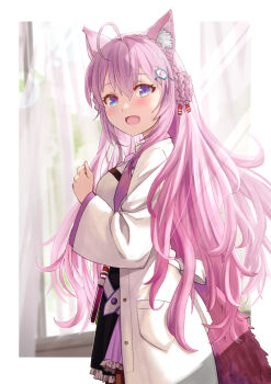 1girl animal_ear_fluff animal_ears antenna_hair black_pantyhose black_skirt blue_eyes blush braid braided_bun breasts chest_belt clothing_cutout coat commentary_request cowboy_shot crown_braid double-parted_bangs double_bun from_side hair_bun hakui_koyori hakui_koyori_(1st_costume) haniwa_(leaf_garden) hexagon_hair_ornament highres hololive lab_coat large_breasts lens_flare long_hair long_sleeves looking_at_viewer miniskirt necktie open_mouth outside_border overexposure pantyhose pink_hair pink_necktie pleated_skirt shirt sidelighting sidelocks skirt solo sunlight tail tail_through_clothes test_tube test_tube_holster very_long_hair virtual_youtuber wavy_hair white_coat white_shirt window wolf_ears wolf_girl wolf_tail
