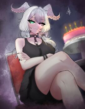 Rule 34 | 1girl, :3, absurdres, birthday cake, black choker, black dress, breasts, cake, candle, chair, choker, closed mouth, crossed arms, crossed legs, dress, elira pendora, elira pendora (goth), food, green eyes, grey hair, hashtag-only commentary, head wings, heterochromia, highres, large breasts, legs, long hair, looking at viewer, mayoa, nijisanji, nijisanji en, official alternate costume, on chair, parted bangs, purple eyes, short dress, sitting, smile, solo, virtual youtuber, wings
