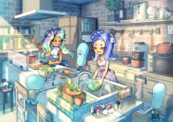 2girls absurdly_detailed_composition absurdres analog_clock apple apron artist_name asparagus asymmetrical_hair basket bell_pepper big_man_(splatoon) black_apron black_shirt blue_hair blue_skirt blush bottle bowl box bread bread_slice breasts brick_wall brown_eyes cabbage cable carrot chair character_doll clock closed_eyes coffee_maker coffee_mug coffee_pot commentary_request cooking corn corn_cob counter crop_top cup cutting_board dark-skinned_female dark_skin dish_rack doll drawer dress electrical_outlet eyelashes faucet food fork fruit frying_pan gradient_hair grey_shirt hand_up highres holding holding_food holding_knife holding_spatula holding_tray indoors jar jellyfish_(splatoon) judd_(splatoon) kitchen kitchen_hood kitchen_knife knife ladle light_particles light_rays loaded_interior long_hair lying marina_(splatoon) medium_breasts microwave mohawk moromi_(kscd4482) mug multicolored_hair multiple_girls nintendo octoling on_back open_mouth paper_towel paper_towel_holder pepper_shaker plant plate potted_plant purple_hair purple_sash raised_eyebrows red_hair refrigerator salad salt_shaker sash scenery scissors shadow shelf shirt shiver_(splatoon) short_eyebrows short_sleeves sink sitting skirt sleeveless sleeveless_dress sleeveless_shirt sleeveless_turtleneck slice_of_life smallfry_(splatoon) smile spatula splatoon_(series) splatoon_2 splatoon_3 spoon standing steam stool stove suction_cups sweatdrop t-shirt teeth tentacle_hair toast toaster tomato towel tray turtleneck upper_teeth_only utensil_rack vegetable washing water white_shirt wooden_floor