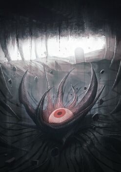 absurdres commentary_request commission debris eldritch_abomination fantasy glowing glowing_eyes highres miasma monster monster_focus original pattern_request red_eyes rock scenery skeb_commission solo tendril tombstone yoshym026