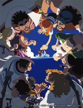 2girls 6+boys absurdres all_fours baseball_cap beard benevolent_king_of_the_waves black_hair blonde_hair blue_eyes blue_hat blue_shirt blush bookstore_part-timer brown_hair carrying clenched_teeth closed_eyes closed_mouth collared_shirt commentary_request connected_beard copyright_notice elder_marine_brother eyewear_on_headwear facial_hair from_above green_eyes gun gun_on_back hair_ornament hairclip hand_rest hat heart heart-shaped_pupils highres holding_puzzle_piece horizontal-striped_clothes laughing looking_at_another looking_at_object marine_uniform_(one_piece) mihawk's_fanboy multiple_boys multiple_girls nami's_fangirl ocean official_art one_piece one_piece_fan_letter orange_hair piggyback pink_shirt puzzle_piece rifle scar scar_across_eye scar_on_face shaved_head shirt sidelocks small_sweatdrop smile sotymr01 sparkling_eyes sunglasses surprised symbol-shaped_pupils teeth thousand_sunny two-tone_shirt weapon weapon_on_back white_shirt wristband younger_marine_brother zoro's_fanboy