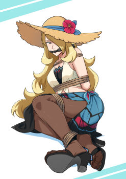 1girl absurdres arms_behind_back blonde_hair bound breasts cleave_gag cloth_gag cynthia_(pokemon) cynthia_(summer_2025)_(pokemon) flower gag gagged hat hat_flower high_heels highres improvised_gag legs long_hair lost_one_zero nintendo pokemon pokemon_masters_ex sarong