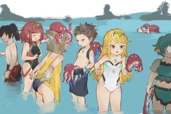 3boys 4girls aged_down anger_vein angry animal animal_ear_fluff animal_ears animal_on_head ass backpack bag blonde_hair brown_hair cat_ears chest_jewel daible dress gloves grey_hair highres holding holding_animal leaning_forward male_swimwear multiple_boys multiple_girls mythra_(radiant_beach)_(xenoblade) mythra_(xenoblade) nia_(fancy_sundress)_(xenoblade) nia_(xenoblade) noah_(xenoblade) octopus official_alternate_costume on_head one-piece_swimsuit open_mouth pandoria_(beach_date)_(xenoblade) pandoria_(xenoblade) partially_submerged pout pyra_(pro_swimmer)_(xenoblade) pyra_(xenoblade) red_hair rex_(cloud_sea_shark)_(xenoblade) rex_(xenoblade) smile sound_effects sundress swim_trunks swimsuit tentacles tiara water wet wet_clothes wet_hair xenoblade_chronicles_(series) xenoblade_chronicles_2 xenoblade_chronicles_3 zeke_von_genbu_(surfinator)_(xenoblade) zeke_von_genbu_(xenoblade)
