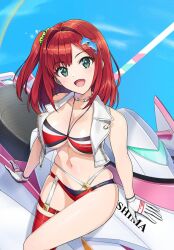 Rule 34 | 1girl, :d, artist request, bikini, breasts, cleavage, dolphin hair ornament, dolphin wave, gloves, green eyes, hair ornament, highres, jet ski, navel, ocean, official art, ootomo takuji, open mouth, red hair, sakimiya iruka, smile, swimsuit, thighs, vest, white vest