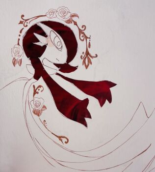 Rule 34 | 1girl, :|, alternate color, alternate shiny pokemon, arched back, arms up, blush, bob cut, closed mouth, colored skin, female focus, flower, gardevoir, gen 3 pokemon, hair over one eye, kirigami (medium), leaning forward, light blush, looking afar, nintendo, one eye covered, outstretched arms, papercraft (medium), partially colored, pokemon, pokemon (creature), powerpuff (pixiv 60944739), red hair, red skin, rose, short hair, solo, standing, traditional media, white background