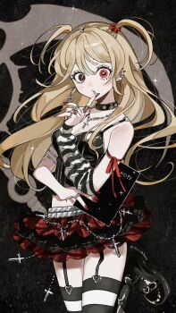 1girl amane_misa arm_warmers bare_shoulders belt black_boots black_choker black_eyes black_tank_top blonde_hair book boots breasts choker cross cross_earrings cross_necklace death_note death_note_(object) earrings garter_straps heterochromia highres holding holding_book index_finger_raised jewelry long_hair looking_at_viewer medium_breasts nail_polish necklace parted_lips plaid_clothes plaid_skirt pleated_skirt red_eyes red_nails red_skirt single_arm_warmer skirt solo spiked_ear_piercing standing striped_arm_warmers tank_top two_side_up xiexie_inu