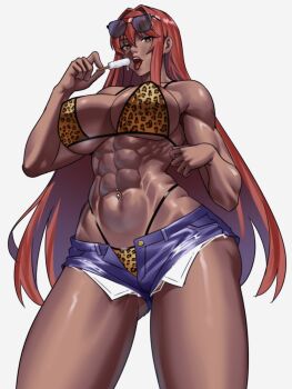 1girl abs alternate_costume animal_print bikini breasts dark-skinned_female dark_skin exposed_pocket eyewear_on_head flag_print food goddess_of_victory:_nikke highleg highleg_bikini highres holding holding_food holding_popsicle large_breasts leopard_print leopard_print_bikini long_hair muscular muscular_female navel_piercing open_mouth piercing popsicle print_bikini red_hair short_shorts shorts solo sunglasses swimsuit thighs tongue tongue_out very_long_hair volume_(nikke) white_background zinfian