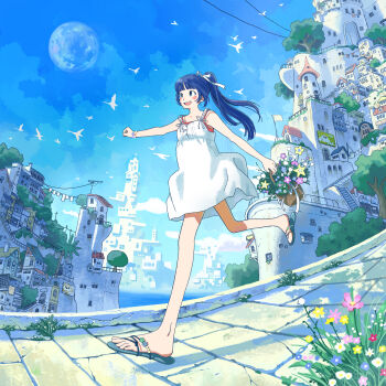 1girl absurdres aoi_ch. blue_hair blue_sky blush building cityscape commentary_request day dress feet flower fuji_aoi full_body full_moon hair_ribbon happy highres holding holding_plant long_hair moon open_mouth outdoors outstretched_arm path plant ponytail potted_plant ribbon road running sandals scenery short_dress simple_bird sky sleeveless sleeveless_dress smile solo star_(symbol) summer toes virtual_youtuber white_dress white_ribbon yomunashi
