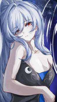 Rule 34 | 1girl, absurdres, bare arms, bare shoulders, black dress, breasts, dress, evzeva, grey hair, head tilt, highres, honkai: star rail, honkai (series), jingliu (honkai: star rail), long hair, looking at viewer, medium breasts, parted lips, red eyes, solo, strapless, strapless dress, upper body, very long hair