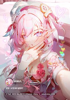 1girl absurdres artist_name breasts check_translation cleavage commentary diamond-shaped_pupils diamond_(shape) earrings elysia_(hi_love_elf)_(honkai_impact) elysia_(honkai_impact) fingernails hand_on_own_chin hat heart heart_earrings highres honkai_(series) honkai_impact_3rd jelmul jewelry korean_text livestream long_hair long_pointy_ears looking_at_viewer medium_breasts nail_polish open_mouth partially_translated pink_hair pink_nails pointy_ears purple_eyes solo symbol-shaped_pupils translation_request very_long_hair white_hat