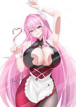 Rule 34 | 1girl, against fourth wall, against glass, apron, arm up, armpits, bare shoulders, between breasts, black dress, blush, breast press, breasts, breasts on glass, cleavage, commentary, cosmetics, cowboy shot, crossed bangs, drawn heart, dress, english commentary, engrish commentary, flower, fourth wall, glass, goddess of victory: nikke, green eyes, grin, hair between eyes, hair flower, hair intakes, hair ornament, hand on glass, heart pasties, highres, lammylamd, large breasts, lipstick tube, long hair, looking at viewer, lotus, maid, maid apron, mole, mole under eye, pantyhose, pasties, pink hair, pink nails, pink rope, red dress, rope, shibari, shibari over clothes, sidelocks, signature, simple background, sleeveless, sleeveless dress, smile, solo, standing, velvet (nikke), very long hair, white background, white wrist cuffs, wrist cuffs