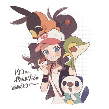 Rule 34 | 1girl, baseball cap, blue eyes, blush, breasts, brown hair, commentary request, gen 5 pokemon, hat, high ponytail, hilda (pokemon), hime (himetya105), holding, holding poke ball, long hair, looking at viewer, nintendo, open mouth, oshawott, poke ball, poke ball (basic), pokemon, pokemon (creature), pokemon bw, ponytail, shirt, sidelocks, smile, snivy, starter pokemon trio, tepig, upper body, vest, white shirt, wristband