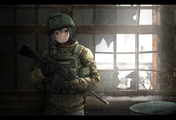 Rule 34 | 1girl, absurdres, ak-74m, ammunition pouch, assault rifle, ayou (aukuamani), bags under eyes, black border, black gloves, border, broken glass, brown hair, building, bulletproof vest, camouflage, camouflage helmet, camouflage jacket, closed mouth, combat helmet, commentary, cowboy shot, day, drum (container), english commentary, glass, gloves, green eyes, gun, helmet, highres, holding, holding gun, holding weapon, indoors, jacket, kalashnikov rifle, letterboxed, load bearing vest, long sleeves, looking to the side, magazine (weapon), military, military combat uniform, military uniform, nose, notepad, original, pants, pen, pouch, rifle, shadow, short hair, signature, solo, sunlight, tactical clothes, tree, weapon, window