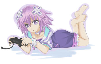 1girl azuran0 barefoot choker cuffs-to-collar d-pad d-pad_hair_ornament feet hair_ornament highres hood hooded_jacket hooded_track_jacket jacket neptune_(neptunia) neptune_(series) purple_eyes purple_hair purple_heart_(neptunia) short_hair soles solo toes track_jacket white_background white_choker