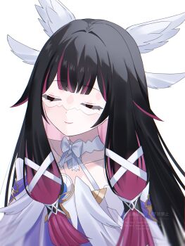 1girl angel_wings black_hair blunt_bangs blunt_tresses bow bowtie closed_eyes closed_mouth collar collarbone columbina_(genshin_impact) commentary_request cowlick detached_collar double-parted_bangs dress eye_mask eyelashes facing_viewer feathered_wings genshin_impact hair_ribbon hair_tubes head_wings highres kino_(curry_pan) long_hair mask multicolored_hair multiple_wings partial_commentary pink_hair pink_lips revision ribbon smile solo streaked_hair tress_ribbon twitter_username upper_body watermark white_background white_bow white_bowtie white_collar white_dress white_mask white_wings wings