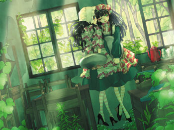 2girls black_hair blush bonnet coffee_pot dite_(calamaio) dress green_eyes green_theme high_heels long_sleeves multiple_girls nature original overgrown pantyhose room roomscape shoes striped_clothes striped_legwear striped_pantyhose waitress yuri