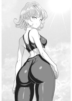 1girl ass breasts cameltoe curly_hair female_focus gluteal_fold greyscale gym_uniform h-lab highres huge_ass leggings looking_at_viewer looking_back monochrome one-punch_man pants shiny_skin short_hair simple_background smile solo tatsumaki thick_thighs thighs wide_hips yoga_pants