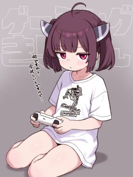 1girl ahoge brown_hair closed_mouth collarbone commentary_request controller full_body game_controller grey_background headgear highres holding holding_controller holding_game_controller jitome looking_at_viewer nattocurryumeee no_pants pout print_shirt red_eyes shirt short_hair short_sleeves sidelocks simple_background sitting solo t-shirt thighs touhoku_kiritan twintails voiceroid white_shirt