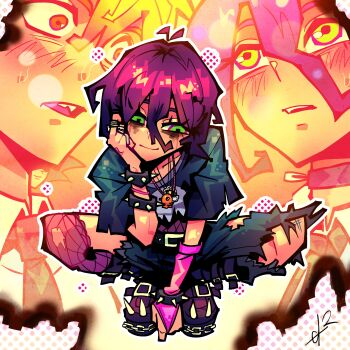 1girl absurdres alpharecdyt black_pants black_shirt bridal_gauntlets chainsaw_man closed_mouth collar denji_(chainsaw_man) dragon_ball dragonball_z green_eyes hair_between_eyes hand_on_own_face highres makeup pants pochita_(chainsaw_man) purple_hair purple_thighhighs reze_(chainsaw_man) runny_makeup shirt single_bridal_gauntlet single_thighhigh son_goku spiked_boots spiked_collar spikes squatting thighhighs torn_clothes torn_pants