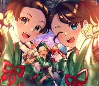 2boys 3girls :d ;d absurdres arven_(pokemon) asada_sadao blush brown_eyes brown_hair candy_apple closed_mouth commentary_request cotton_candy eyelashes fireworks florian_(pokemon) food glasses green_jacket highres holding jacket juliana_(pokemon) multicolored_hair multiple_boys multiple_girls nemona_(pokemon) night nintendo one_eye_closed open_mouth outdoors penny_(pokemon) pokemon pokemon_sv ponytail red_hair round_eyewear short_hair smile teeth two-tone_hair upper_teeth_only v