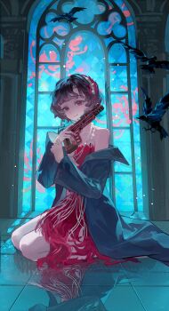 1girl arched_window bird black_bird black_coat coat dress feather_dress feather_hair_ornament feathers full_body gun hair_ornament hairband handgun hands_up highres holding holding_gun holding_weapon hydrogen_fish indoors jewelry looking_at_viewer necklace open_clothes open_coat red_dress red_eyes red_feathers reflective_floor reverse:1999 schneider_(reverse:1999) seiza short_dress short_hair single_bare_shoulder single_off_shoulder sitting smile solo stained_glass strapless strapless_dress tile_floor tiles weapon white_hairband window