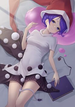1girl black_skirt blob blue_eyes blue_hair book breasts capelet_removed commentary_request doremy_sweet dream_soul dutch_angle feet_out_of_frame hand_up hat highres indoors kanpa_(campagne_9) light_blush light_smile looking_at_viewer lying medium_breasts nightcap on_back on_bed parted_bangs parted_lips pom_pom_(clothes) red_hat shirt short_hair skirt solo swept_bangs tail tapir_tail touhou turtleneck white_shirt