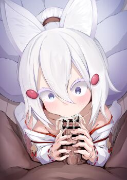 1boy 1girl animal_ear_fluff animal_ears bare_shoulders blue_eyes blush censored clothed_female_nude_male collarbone colored_eyelashes cum cum_in_mouth cum_overflow fellatio fox_ears fox_girl fox_tail hair_between_eyes hair_ornament hairclip hakama highres japanese_clothes kajimakoto kimono kitsune loli miko multiple_tails nude off_shoulder oral phase_connect ponytail pov ribbon-trimmed_sleeves ribbon_trim sidelocks tabi tail tenma_maemi tenma_maemi_(shrine_maiden) thick_eyebrows virtual_youtuber white_hair wide-eyed