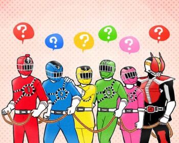 2girls 4boys ? armor bad_id bad_pixiv_id belt blue_armor crossover green_armor helmet holding holding_rope kamen_rider kamen_rider_den-o kamen_rider_den-o_(series) mask masked multiple_boys multiple_girls number_print pink_armor polka_dot polka_dot_background railing red_armor ressha_sentai_toqger rope speech_bubble super_sentai toq_1gou toq_2gou toq_3gou toq_4gou toq_5gou train train_tracks visor_(armor) yellow_armor