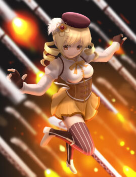 10s 1girl 3d beret blonde_hair blurry boots breasts brown_thighhighs corset depth_of_field detached_sleeves drill_hair eye_reflection fate_(series) female_focus fingerless_gloves floating foreshortening gate_of_babylon_(fate) gloves gun hair_ornament hairpin hat highres large_breasts light_smile magical_girl magical_musket mahou_shoujo_madoka_magica mahou_shoujo_madoka_magica_(anime) outstretched_arms perspective pleated_skirt puffy_sleeves reflection ribbon rifle shirt short_hair siraha skirt solo spread_arms striped_clothes striped_thighhighs taut_clothes taut_shirt thighhighs tomoe_mami tomoe_mami_(magical_girl) twin_drills twintails vertical-striped_clothes vertical-striped_thighhighs weapon yellow_eyes zettai_ryouiki