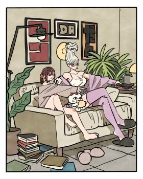 2girls animal_ears ayase_momo ayase_seiko bare_legs bare_shoulders barefoot black_choker book border breasts brown_hair camisole cat cat_ears choker cigarette cleavage collarbone commentary controller couch crossed_legs dandadan eating feet food food_on_face full_body glasses grandmother_and_granddaughter hair_between_eyes hair_ornament hair_scrunchie highres holding holding_controller holding_food indoors knee_up lamp long_hair mature_female medium_hair mouth_hold multiple_girls off-shoulder_shirt off_shoulder on_couch outstretched_arm pink_scrunchie plant pointing ponytail potted_plant purple_thighhighs sash scrunchie shirt sidelocks sitting slippers spaghetti_strap stirrup_legwear strap_slip takeuchi_ryousuke thighhighs toeless_legwear turbo_granny_(dandadan) white_border white_camisole white_hair