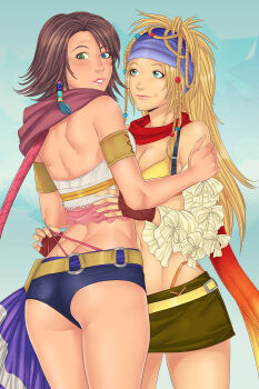 00s 2girls arm_around_waist ass bandana beads blonde_hair blue_eyes braid breasts butt_crack cleavage cousins final_fantasy final_fantasy_x final_fantasy_x-2 green_eyes heterochromia linart looking_back multiple_girls rikku_(ff10) scarf short_shorts shorts skirt smile thong wedgie yuna