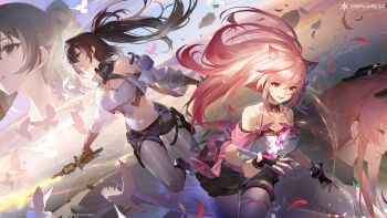 2girls absurdres bare_shoulders black_gloves black_skirt breasts brown_eyes brown_hair cleavage commentary copyright_name crop_top detached_collar english_commentary fingerless_gloves gloves gradient_hair hair_ears highres holding holding_sword holding_weapon large_breasts long_hair looking_at_viewer mia_skye midriff miniskirt mole mole_under_eye multicolored_hair multiple_girls naruse_haru_(snowbreak) navel off-shoulder_shirt off_shoulder official_art pantyhose pink_hair pleated_skirt ponytail red_eyes shirt skirt snowbreak:_containment_zone stomach streaked_hair sword watermark weapon white_pantyhose white_shirt