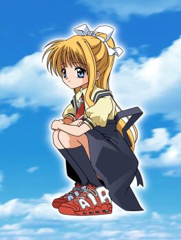 Rule 34 | 1girl, air (visual novel), anime coloring, black socks, blonde hair, blue eyes, cloud, cross ornament, day, high ponytail, highres, kamio misuzu, key visual, kneehighs, long hair, nike (company), official art, panasonynet, ponytail, promotional art, puffy short sleeves, puffy sleeves, red shoes, shoes, short sleeves, sky, sneakers, socks, solo, squatting, very long hair