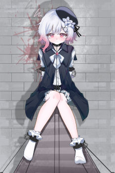 1girl absurdres animal_collar arms_behind_back banbanban_li bdsm beret black_coat black_hat bloomers blush bound bound_ankles chinese_commentary closed_mouth coat collar colored_eyelashes commentary_request crying crying_with_eyes_open eyelashes flower frown full_body gradient_hair hair_between_eyes hair_flower hair_ornament hat highres knees_together_feet_apart looking_at_viewer lying mahou_shoujo_no_majo_saiban multicolored_hair no_shoes on_back open_clothes open_coat red_eyes red_hair restrained sakuraba_ema shadow shirt sitting socks squiggle streaming_tears tears tilted_headwear two-tone_hair underwear white_bloomers white_flower white_hair white_shirt white_socks wooden_horse x_hair_ornament