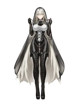 Rule 34 | 1girl, absurdres, black bodysuit, black boots, blunt bangs, bodysuit, boots, breasts, crotch zipper, full body, grey eyes, highres, lace-up boots, large breasts, latex, latex bodysuit, long hair, looking at viewer, lump saury, nun, original, skindentation, solo, thigh boots, thighs, very long hair, white background, white hair