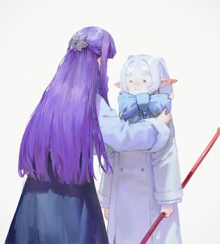 2girls =_= blue_dress blue_scarf blush butterfly_hair_ornament closed_mouth coat double-parted_bangs dress ear_blush elf fern_(sousou_no_frieren) frieren fur_trim hair_ornament half_updo highres holding holding_staff jacket long_hair multiple_girls pointy_ears purple_hair quasarcake scarf scarf_tying sidelocks sousou_no_frieren staff twintails white_coat white_hair white_jacket