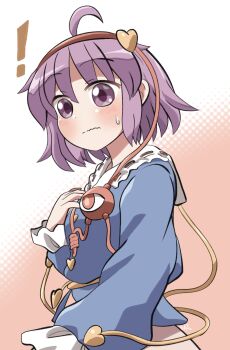 ! 1girl ahoge blue_shirt blush closed_mouth collared_shirt commentary_request contrast_collar cowboy_shot embarrassed frilled_sleeves frills hairband highres komeiji_satori long_sleeves pink_background purple_eyes purple_hair red_hairband rokugou_daisuke shirt short_hair signature solo sweatdrop third_eye touhou two-tone_background white_background