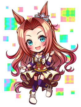 1girl animal_ears blue_eyes blush bodice bow braid breasts brown_hair chibi chibi_only choker cleavage commentary_request corset cropped_jacket curtained_hair ear_ornament full_body garter_straps half_up_half_down_braid highres horse_ears horse_girl horse_tail jacket kawakami_princess_(umamusume) large_breasts long_hair looking_at_viewer open_mouth overskirt pendant_choker purple_choker purple_garter_straps purple_thighhighs red_corset red_shorts shirt shorts smile solo starting_future_(umamusume) sugimotty_nova tail thighhighs umamusume white_jacket white_shirt wristband