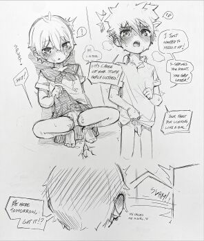 ! 2boys barefoot blush bottomless clothes_lift commentary crossdressing crossdressing_(mtf) cum cum_on_clothes english_commentary english_text flying_sweatdrops graphite_(medium) greyscale highres kodomo_doushi male_masturbation masturbation miniskirt monochrome multiple_boys open_mouth original panties penis renocoffee sailor_collar sailor_shirt school_uniform serafuku shirt short_hair shota skirt skirt_lift small_penis speech_bubble spoken_exclamation_mark spoken_flying_sweatdrops spread_legs toes traditional_media underwear very_short_hair yaoi