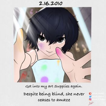 1girl absurdres black_hair blind child disability dress dusk_madow highres looking_at_viewer paint picture-in-picture picture_frame polaroid_photo pov short_hair standing sundress