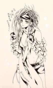 1girl bikini braid breasts closed_mouth final_fantasy final_fantasy_x final_fantasy_x-2 fingerless_gloves gloves greyscale hair_ornament headband highres long_hair looking_at_viewer medium_breasts monochrome navel rikku_(ff10) ruy scarf simple_background skirt smile solo sphere_hair_ornament swimsuit twitter_username