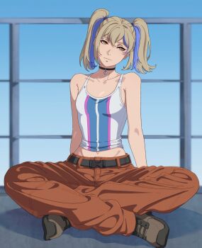Rule 34 | 1girl, blonde hair, blue hair, collarbone, enelous, gundam, gundam: hathaway's flash, hala morley, highres, multicolored hair, orange pants, pants, sitting, solo, tank top, twintails, two-tone hair, wariza, white tank top