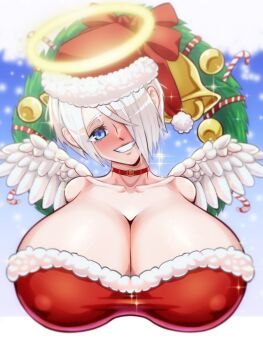 1girl angel angel_(kof) angel_girl angel_wings bigduck bigduck76747873 blue_eyes breasts christmas fluffy huge_breasts large_breasts looking_at_viewer nipples pale_skin short_hair smile the_king_of_fighters white_hair wings