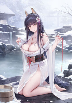 1girl akagi_(warship_girls_r) alexiel_(pixiv6211566) barefoot black_hair blunt_bangs branch breasts bucket building chest_sarashi cleavage collarbone commentary_request commission feet flower groin hair_flower hair_ornament hands_up headgear highres japanese_clothes kimono kneeling large_breasts legs long_hair looking_at_viewer mouth_hold obi off_shoulder on_ground onsen open_clothes open_kimono outdoors parted_lips rock sarashi sash sash_bow see-through_clothes side_slit sidelocks single_bare_shoulder snow snowing solo stairs string thighs torii towel tree very_long_hair warship_girls_r water waterfall wet_kimono white_kimono wide_sleeves wooden_bucket yellow_eyes