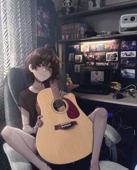 1girl absurdres acoustic_guitar ahoge black_hair black_shirt blind sophie_(popopoka) bob_cut body_freckles bottomless brown_eyes cable chair closed_mouth collarbone commentary computer computer_mouse convenient_censoring curtains desk english_commentary feet_out_of_frame figure freckles guitar hatsune_miku head_tilt highres holding holding_guitar holding_instrument instrument laptop light_smile manga_(object) messy_hair misaka_mikoto monitor office_chair on_chair otaku_room paid_reward_available photo_background popopoka projector shelf shirt short_hair short_sleeves sitting smile solo spread_legs stuffed_animal stuffed_panda stuffed_toy swivel_chair t-shirt thick_eyebrows unworn_shirt vocaloid watch wide_spread_legs wristwatch