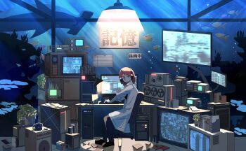 1girl annoyed binder black_shirt blue_theme book chair commentary computer computer_keyboard computer_mouse crowded desk fish flat_screen_tv hammerhead_shark lanyard laptop looking_at_viewer monitor ocean office office_chair office_lady original pale_skin paper photo_(medium) photo_(object) picture_frame plant potted_plant red_hair rokuban_(6thavenue) scenery science_fiction shirt sticky_note street_fighter swivel_chair technology television translation_request underwater