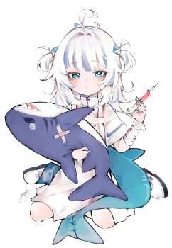 Rule 34 | 1girl, absurdres, ahoge, alternate costume, apron, bandaged arm, bandages, blue eyes, blue hair, crossed bandaids, doktahzaki, dress, expressionless, fins, fish tail, full body, gawr gura, hair intakes, hair ornament, high collar, highres, holding, holding syringe, hololive, hololive english, long hair, multicolored hair, nail polish, nurse, shark tail, short sleeves, signature, sitting, solo, streaked hair, stuffed animal, stuffed shark, stuffed toy, syringe, tail, two side up, virtual youtuber, wariza, white hair, wrist cuffs