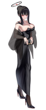 1girl absurdres bag bare_shoulders bead_necklace beads black_dress black_hair black_pantyhose black_shoes blue_archive breasts cleavage clutch_purse cold-colour commentary_request dress full_body hair_bun halo handbag high_heels highres holding holding_bag jewelry large_breasts long_hair looking_at_viewer necklace pantyhose red_eyes ringed_eyes rio_(blue_archive) shoes simple_background smile solo white_background