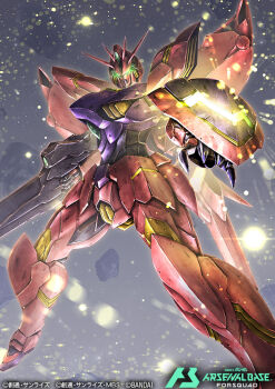 artificial_eye copyright_logo copyright_notice glowing glowing_eyes green_eyes gun gundam gundam_age gundam_arsenal_base gundam_legilis holding holding_gun holding_weapon humanoid_robot light_particles logo mecha mechanical_eye mobile_suit no_humans official_art robot shield solo taka-f v-fin weapon